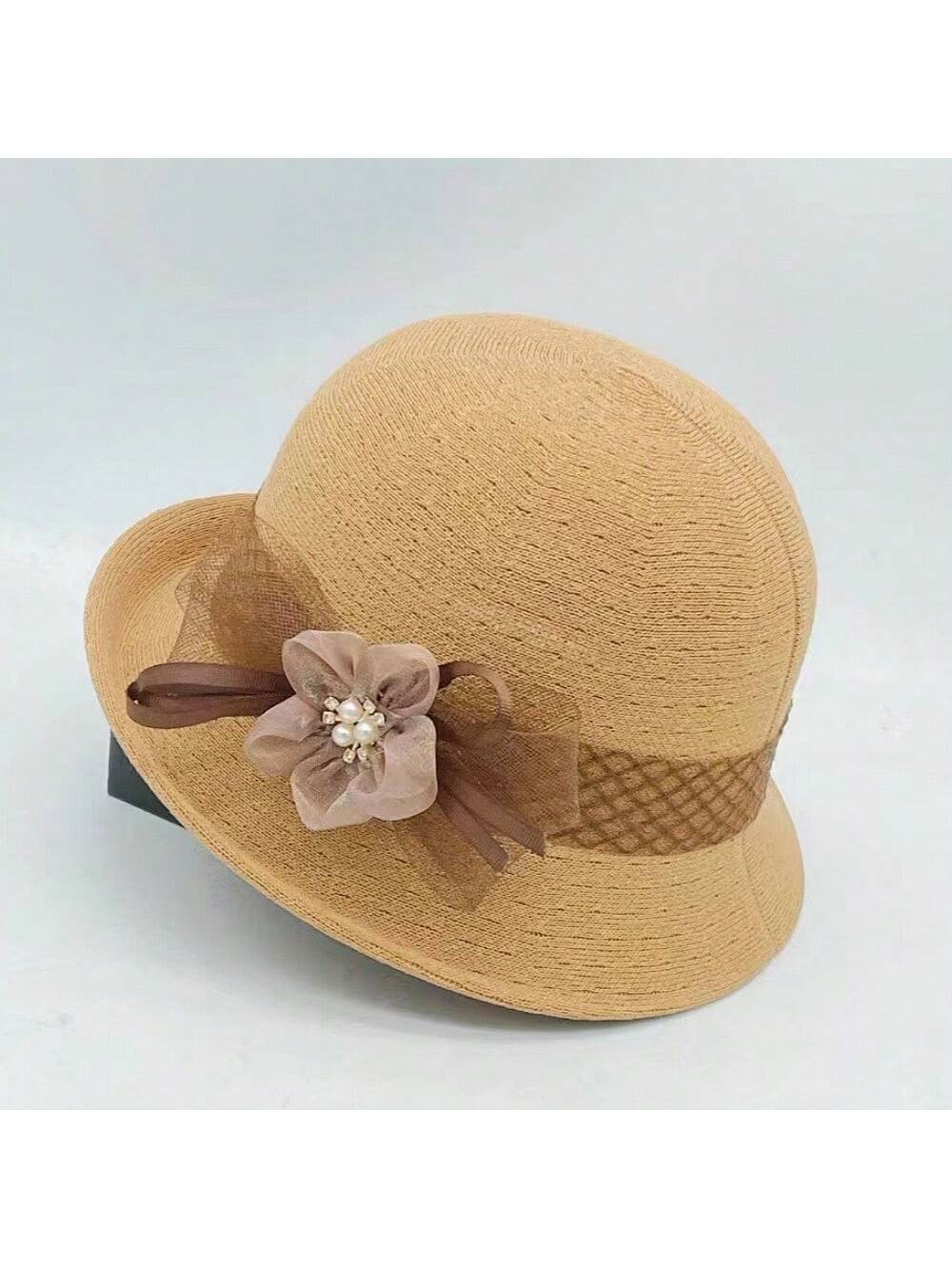 1 pieza Sombrero de paja tejido a mano para mujer con decoración floral recamada, elegante y de moda, adecuado para uso diario, fiestas y eventos