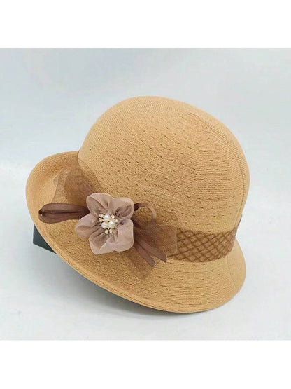 1 pieza Sombrero de paja tejido a mano para mujer con decoración floral recamada, elegante y de moda, adecuado para uso diario, fiestas y eventos