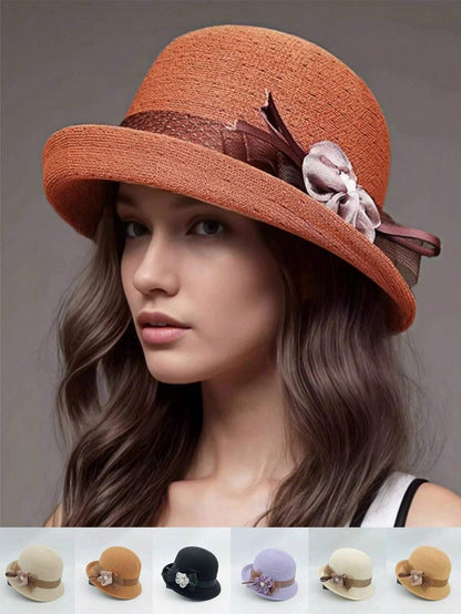 1 pieza Sombrero de paja tejido a mano para mujer con decoración floral recamada, elegante y de moda, adecuado para uso diario, fiestas y eventos