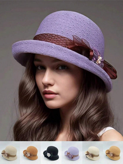 1 pieza Sombrero de paja tejido a mano para mujer con decoración floral recamada, elegante y de moda, adecuado para uso diario, fiestas y eventos