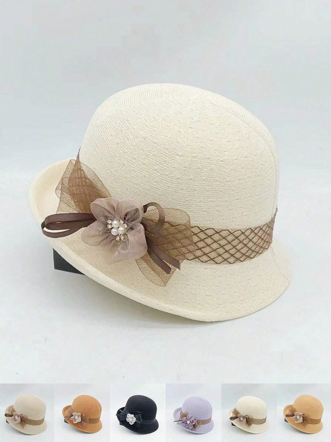 1 pieza Sombrero de paja tejido a mano para mujer con decoración floral recamada, elegante y de moda, adecuado para uso diario, fiestas y eventos