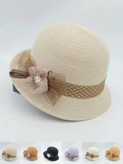 1 pieza Sombrero de paja tejido a mano para mujer con decoración floral recamada, elegante y de moda, adecuado para uso diario, fiestas y eventos