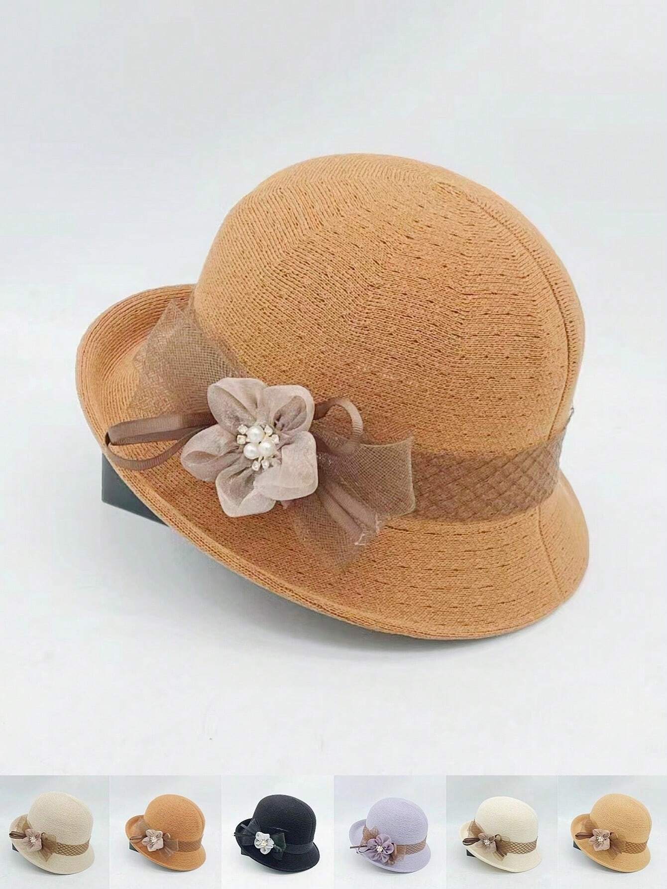1 pieza Sombrero de paja tejido a mano para mujer con decoración floral recamada, elegante y de moda, adecuado para uso diario, fiestas y eventos