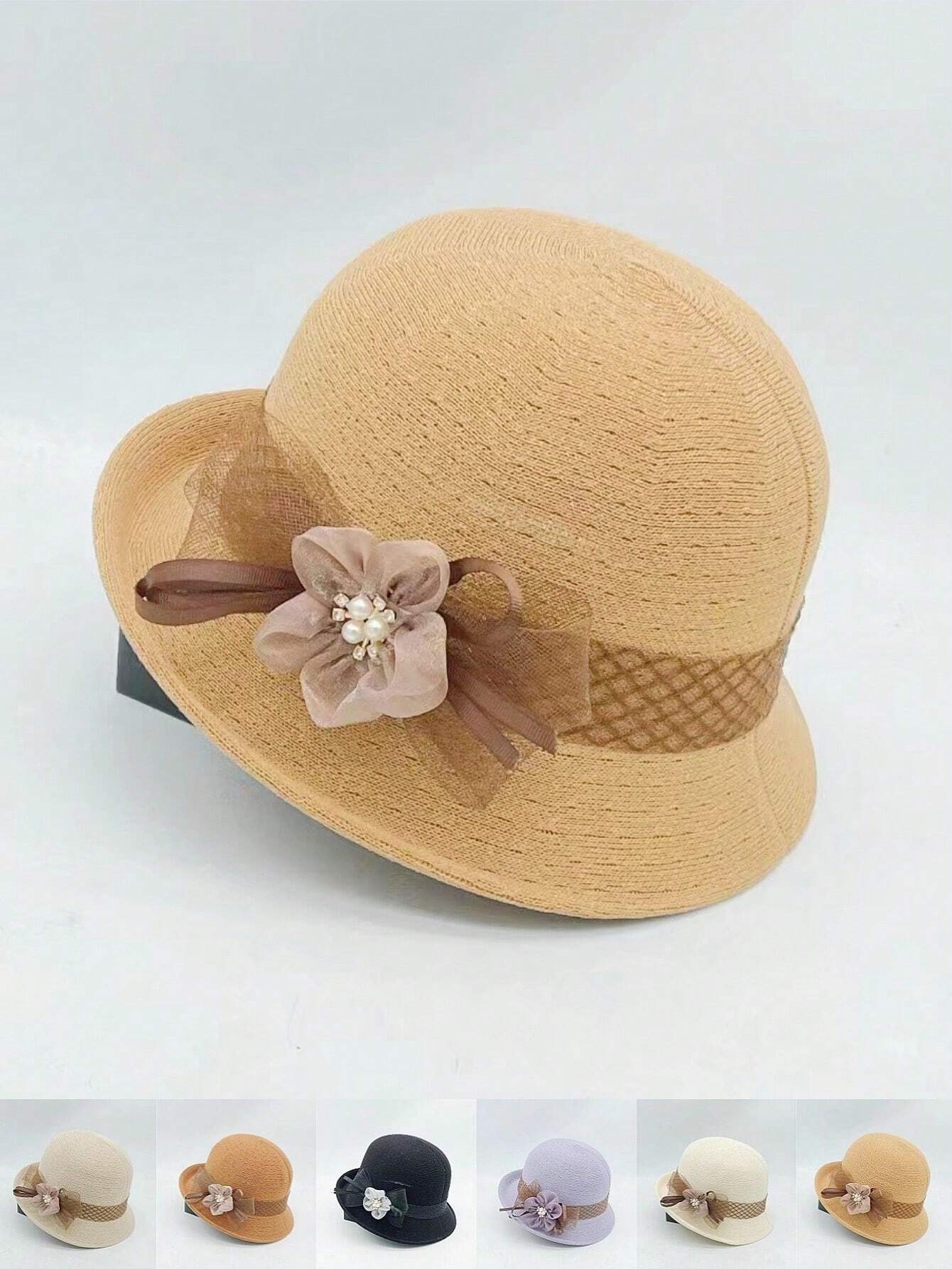 1 pieza Sombrero de paja tejido a mano para mujer con decoración floral recamada, elegante y de moda, adecuado para uso diario, fiestas y eventos