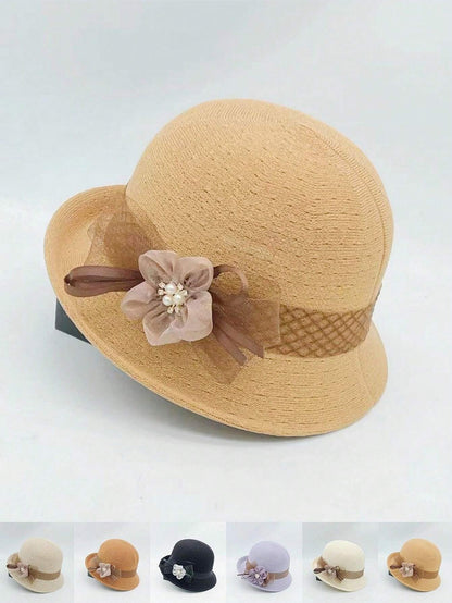 1 pieza Sombrero de paja tejido a mano para mujer con decoración floral recamada, elegante y de moda, adecuado para uso diario, fiestas y eventos