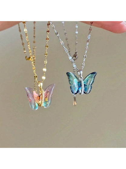 1 pieza de exquisito collar con colgante de mariposa colorida con circonita cúbica, cadena de acero inoxidable chapada en 18K oro para mujeres, ideal para uso diario, citas, vacaciones, etc. Regalo perfecto para mama, novia