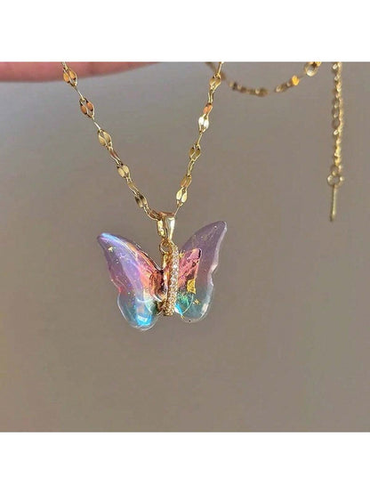 1 pieza de exquisito collar con colgante de mariposa colorida con circonita cúbica, cadena de acero inoxidable chapada en 18K oro para mujeres, ideal para uso diario, citas, vacaciones, etc. Regalo perfecto para mama, novia