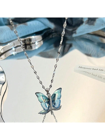 1 pieza de exquisito collar con colgante de mariposa colorida con circonita cúbica, cadena de acero inoxidable chapada en 18K oro para mujeres, ideal para uso diario, citas, vacaciones, etc. Regalo perfecto para mama, novia