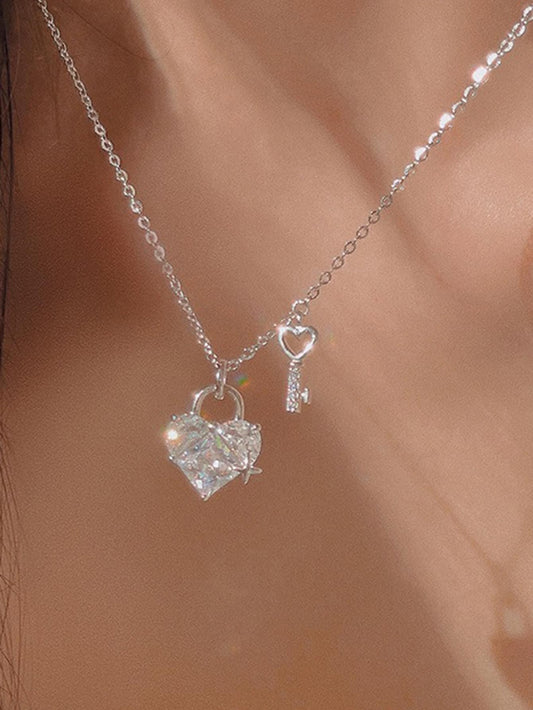 1 pieza moda de acero inoxidable zirconia cúbica clave colgante de corazón Collar para mujeres para Decoración regalo fiesta