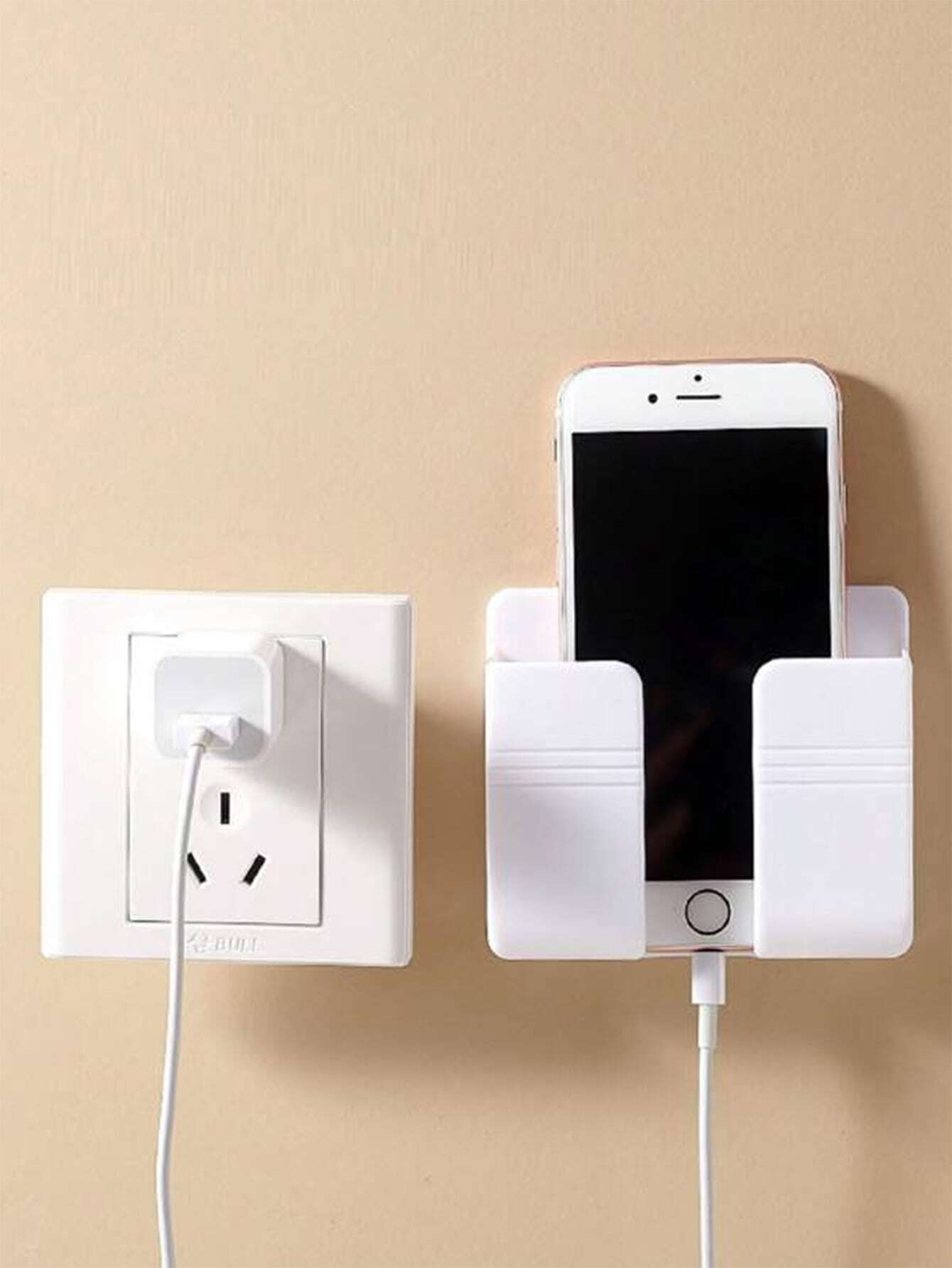 1 pieza montado en pared Soporte para teléfono con cargador Base con Caja de almacenamiento de control remoto sin perforación