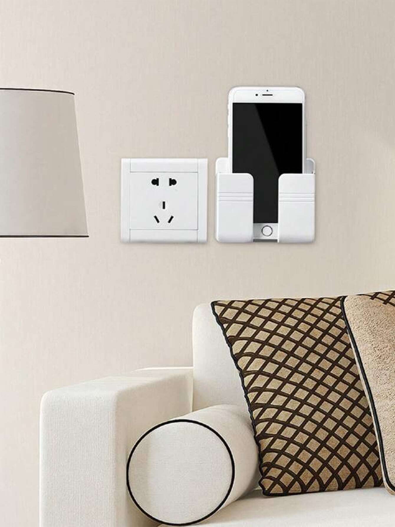 1 pieza montado en pared Soporte para teléfono con cargador Base con Caja de almacenamiento de control remoto sin perforación