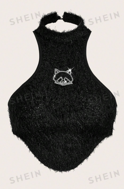 SHEIN ICON Top halter animal con lentejuelas bajo asimétrico crop de peluche