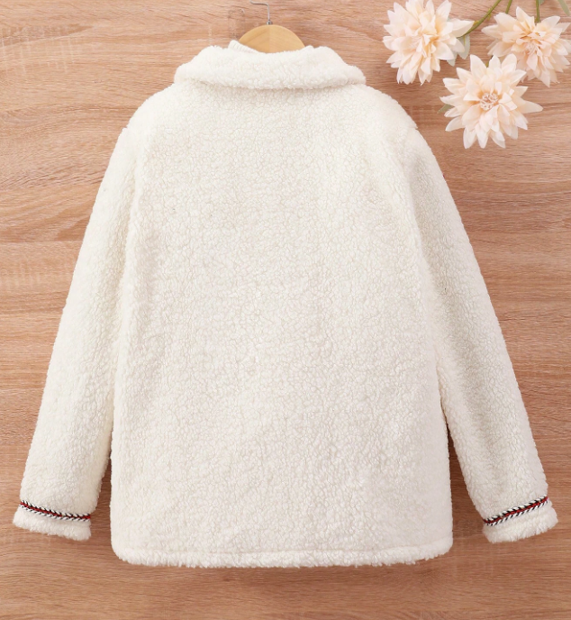 SHEIN Abrigo De Felpa Para Niñas Con Diseño De Bordado Casual Y Cuello Vuelto