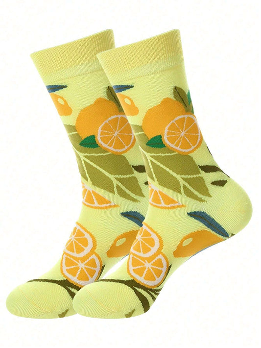 2 pares Calcetines casuales para mujer hasta el tobillo, cómodos y suaves, con estampado de limón, versátiles y de moda para uso diario