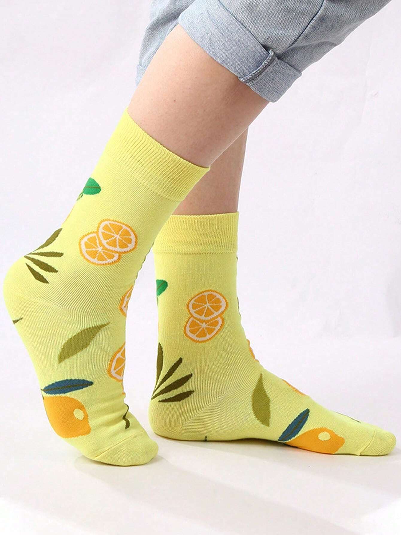 2 pares Calcetines casuales para mujer hasta el tobillo, cómodos y suaves, con estampado de limón, versátiles y de moda para uso diario