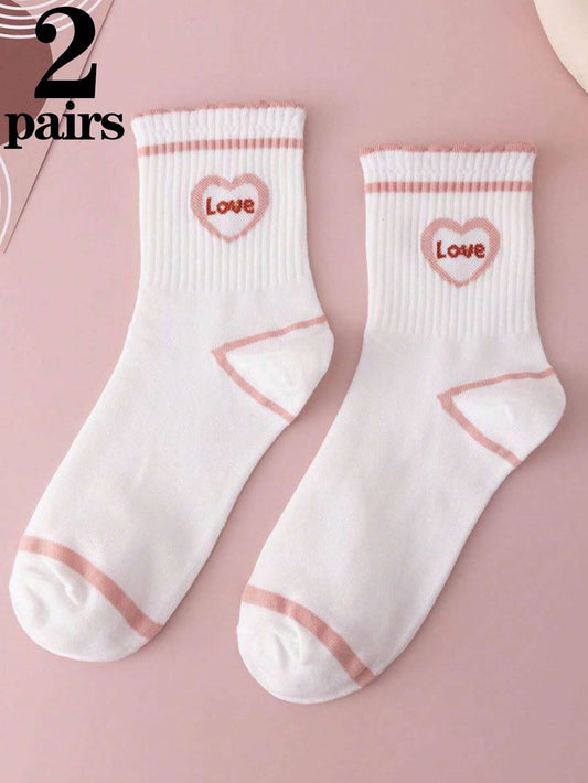 2 pares de calcetines blancos para mujer con bordes rosas y diseño de corazón, de moda y cómodos para uso diario