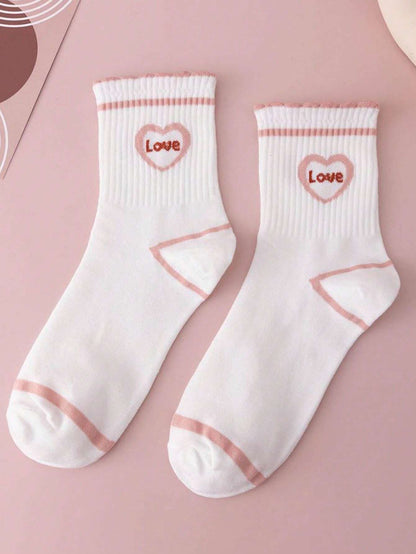 2 pares de calcetines blancos para mujer con bordes rosas y diseño de corazón, de moda y cómodos para uso diario