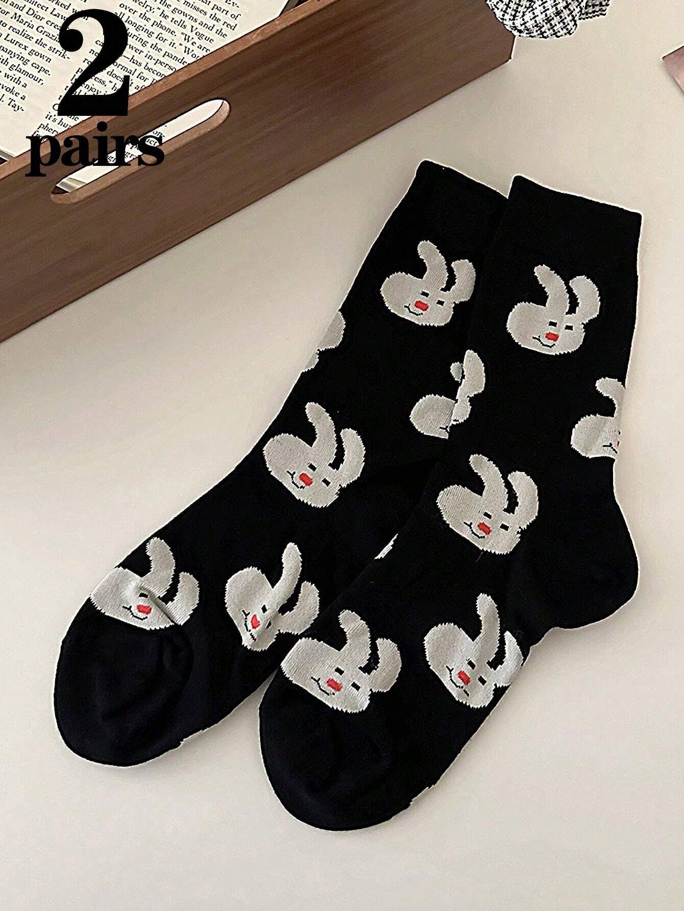 2 pares de calcetines hasta la pantorrilla de uso diario, suaves y cómodos, con diseño de conejo negro de moda y versátiles para mujer