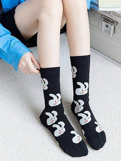 2 pares de calcetines hasta la pantorrilla de uso diario, suaves y cómodos, con diseño de conejo negro de moda y versátiles para mujer