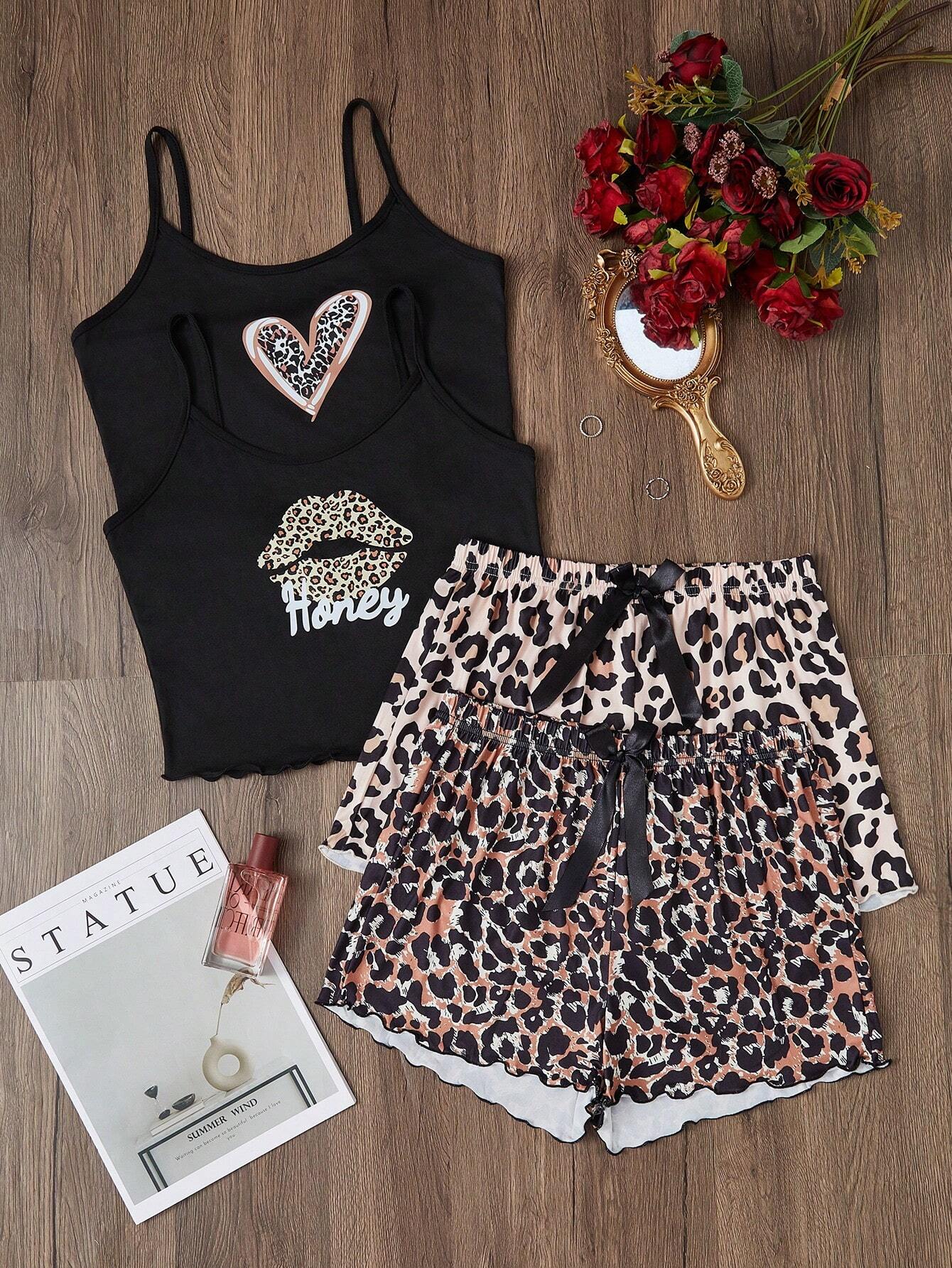 2 piezas Conjunto de pijama de camiseta sin mangas y pantalones cortos con estampado de leopardo para mujer, 2 colores