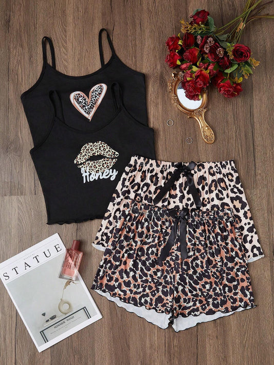 2 piezas Conjunto de pijama de camiseta sin mangas y pantalones cortos con estampado de leopardo para mujer, 2 colores