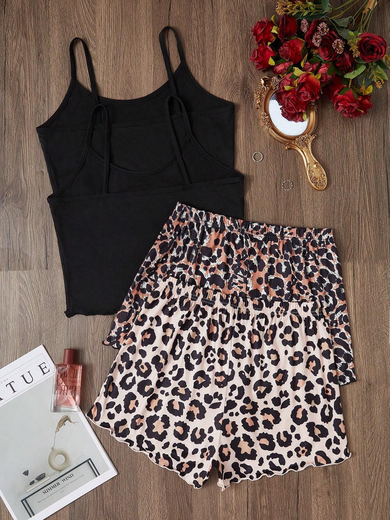 2 piezas Conjunto de pijama de camiseta sin mangas y pantalones cortos con estampado de leopardo para mujer, 2 colores