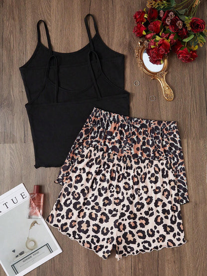 2 piezas Conjunto de pijama de camiseta sin mangas y pantalones cortos con estampado de leopardo para mujer, 2 colores