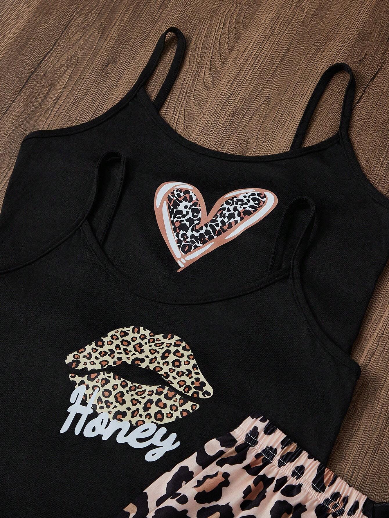 2 piezas Conjunto de pijama de camiseta sin mangas y pantalones cortos con estampado de leopardo para mujer, 2 colores