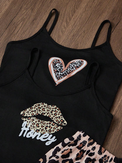 2 piezas Conjunto de pijama de camiseta sin mangas y pantalones cortos con estampado de leopardo para mujer, 2 colores
