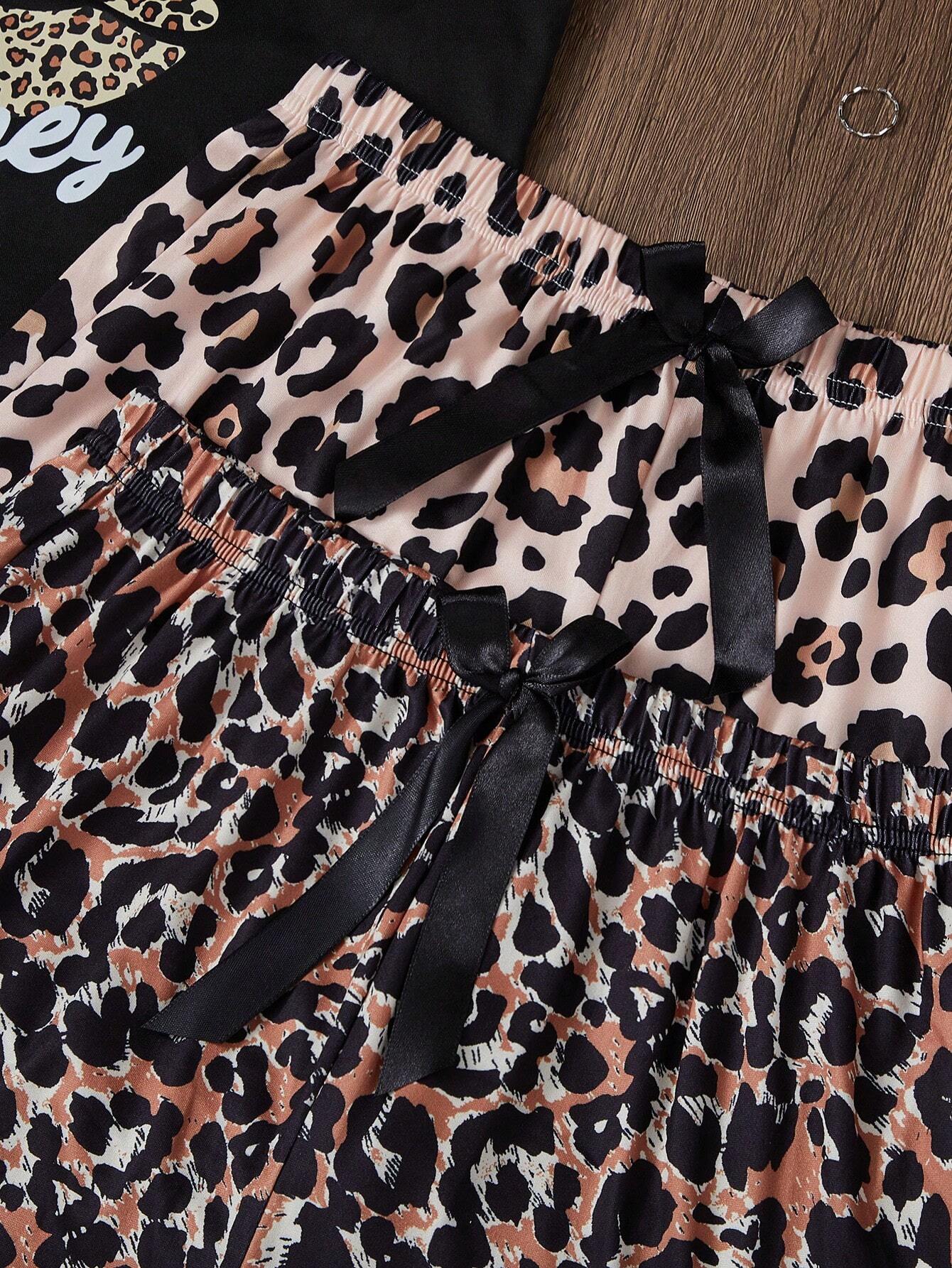 2 piezas Conjunto de pijama de camiseta sin mangas y pantalones cortos con estampado de leopardo para mujer, 2 colores