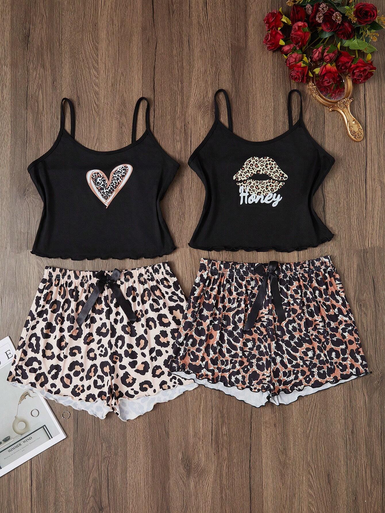 2 piezas Conjunto de pijama de camiseta sin mangas y pantalones cortos con estampado de leopardo para mujer, 2 colores