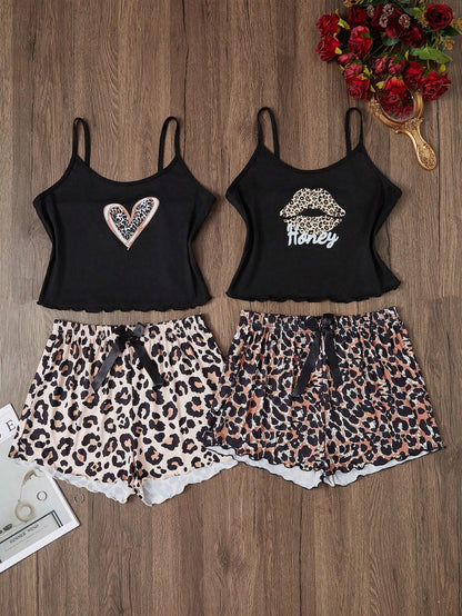 2 piezas Conjunto de pijama de camiseta sin mangas y pantalones cortos con estampado de leopardo para mujer, 2 colores