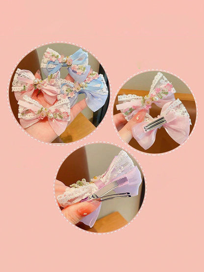 2 piezas de Clips para el pelo con diseño de encaje, perlas y moños, accesorios para el pelo de niñas lindos para el flequillo lateral, no dañan el cabello, aptos para uso diario