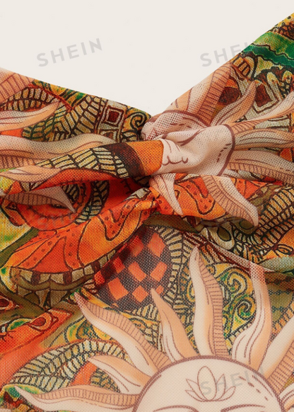 SHEIN ICON Top de tirantes con estampado de paisley & dibujos animados con tira cruzada de espalda abierta bajo pañuelo de malla
