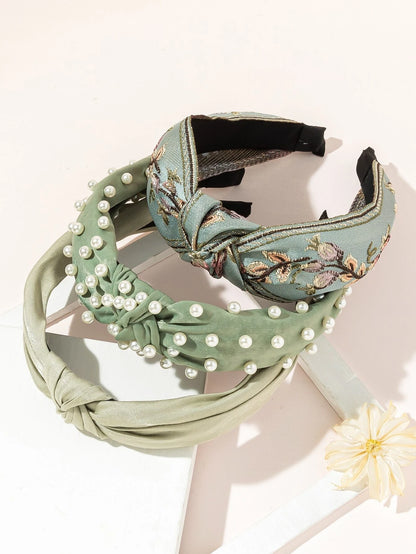 3 Piezas Cinta Para La Cabeza Ancha De Estilo De Flor De Ganchillo Y Color Sólido Con Perla Falsa Para Vacaciones En La Playa Boho