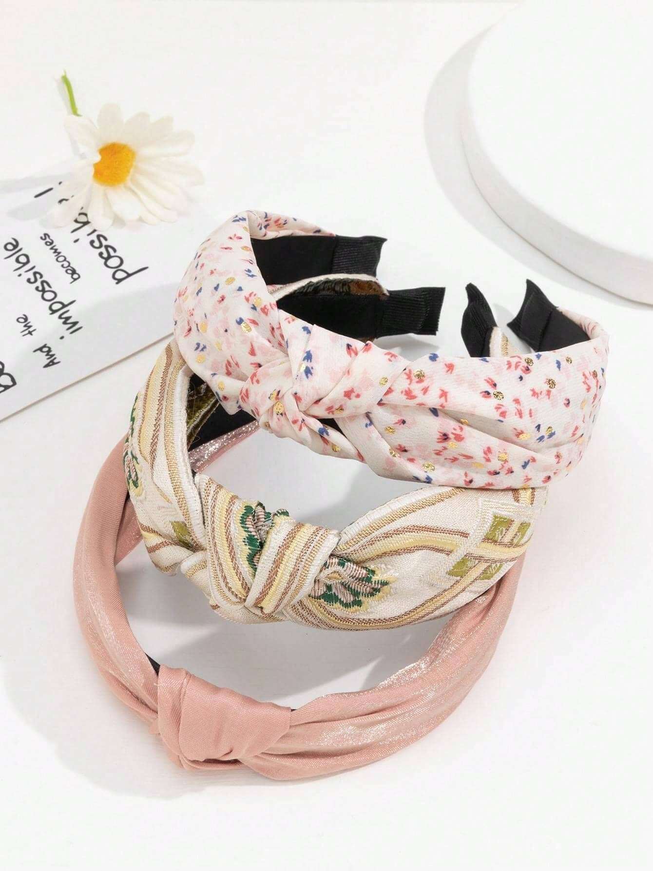 3 Piezas Cinta Para La Cabeza Ancha De Estilo De Flor De Ganchillo Y Color Sólido Con Perla Falsa Para Vacaciones En La Playa Boho
