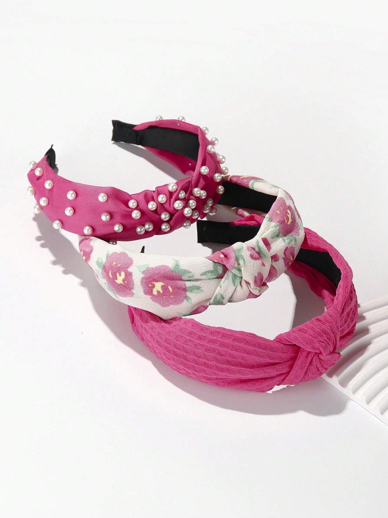 3 Piezas Cinta Para La Cabeza Ancha De Estilo De Flor De Ganchillo Y Color Sólido Con Perla Falsa Para Vacaciones En La Playa Boho