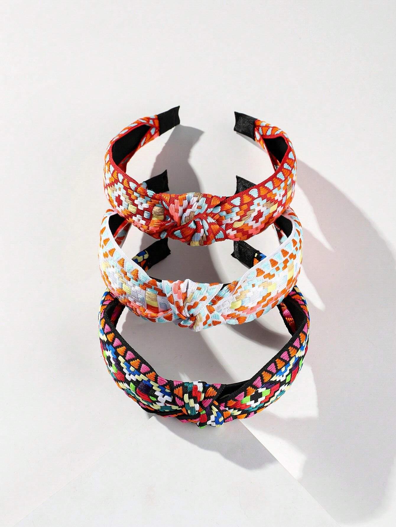 3 Piezas Cinta Para La Cabeza Ancha De Estilo De Flor De Ganchillo Y Color Sólido Con Perla Falsa Para Vacaciones En La Playa Boho