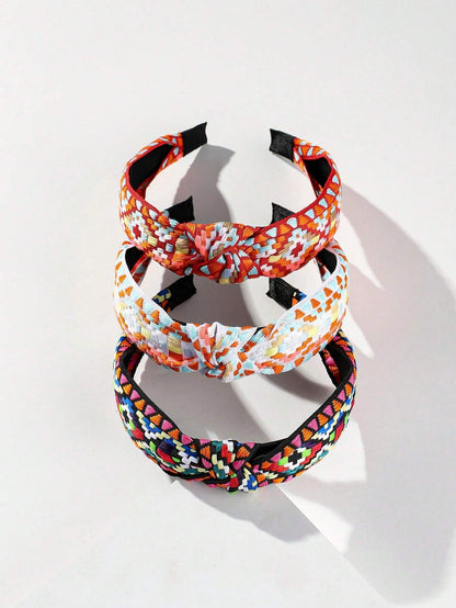 3 Piezas Cinta Para La Cabeza Ancha De Estilo De Flor De Ganchillo Y Color Sólido Con Perla Falsa Para Vacaciones En La Playa Boho