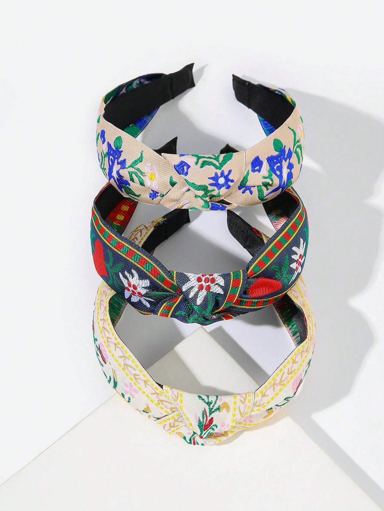 3 Piezas Cinta Para La Cabeza Ancha De Estilo De Flor De Ganchillo Y Color Sólido Con Perla Falsa Para Vacaciones En La Playa Boho