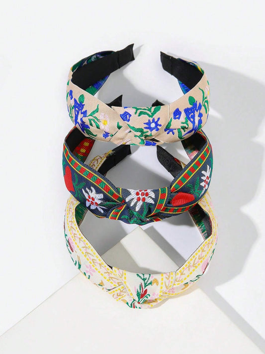 3 Piezas Cinta Para La Cabeza Ancha De Estilo De Flor De Ganchillo Y Color Sólido Con Perla Falsa Para Vacaciones En La Playa Boho