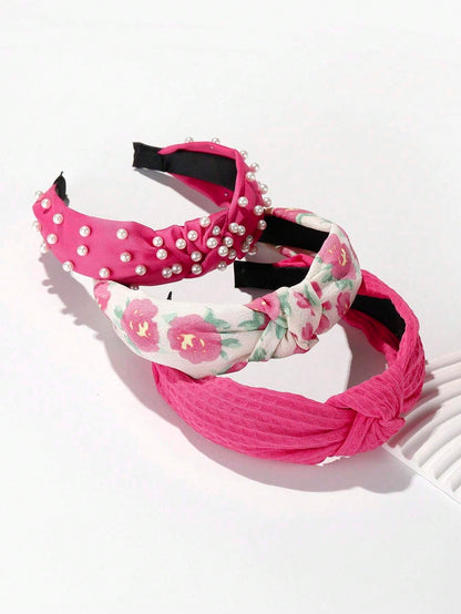 3 Piezas Cinta Para La Cabeza Ancha De Estilo De Flor De Ganchillo Y Color Sólido Con Perla Falsa Para Vacaciones En La Playa Boho