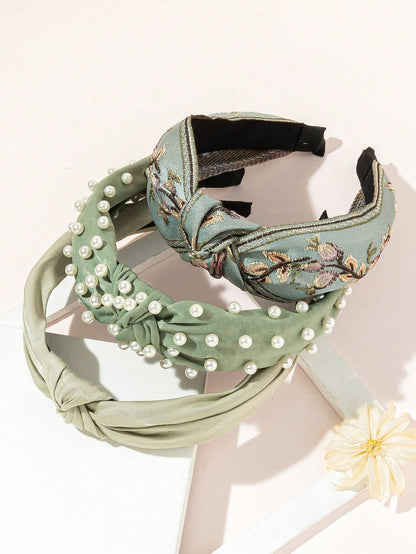 3 Piezas Cinta Para La Cabeza Ancha De Estilo De Flor De Ganchillo Y Color Sólido Con Perla Falsa Para Vacaciones En La Playa Boho