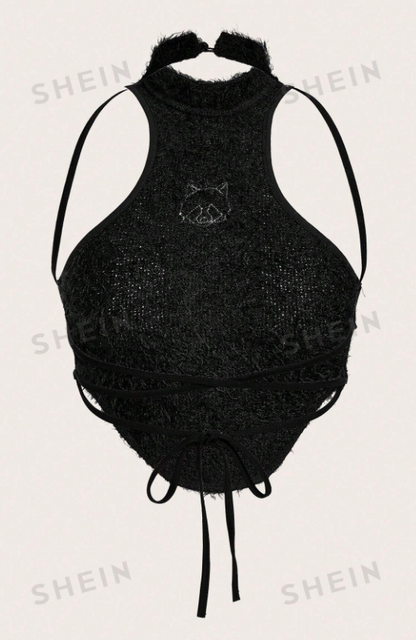 SHEIN ICON Top halter animal con lentejuelas bajo asimétrico crop de peluche