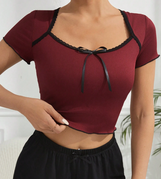Top De Ropa De Hogar Para Mujer Con Ribete De Encaje