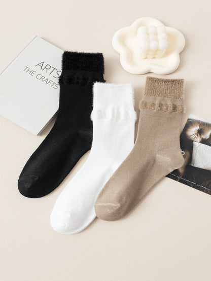 3 pares de calcetines para mujeres, de unicolor, respirables y cálidos con peluche, nuevos lanzamientos de otoño, calcetines esponjosos