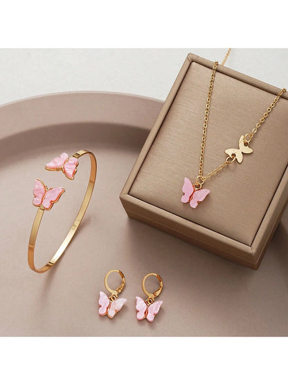 4 Piezas/set Juego De Pendientes, Pulsera Y Collar Con Forma De Mariposa Para Citas Y Regalos De Vacaciones Para Mujeres