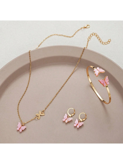 4 Piezas/set Juego De Pendientes, Pulsera Y Collar Con Forma De Mariposa Para Citas Y Regalos De Vacaciones Para Mujeres