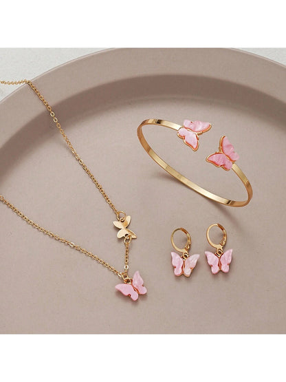 4 Piezas/set Juego De Pendientes, Pulsera Y Collar Con Forma De Mariposa Para Citas Y Regalos De Vacaciones Para Mujeres