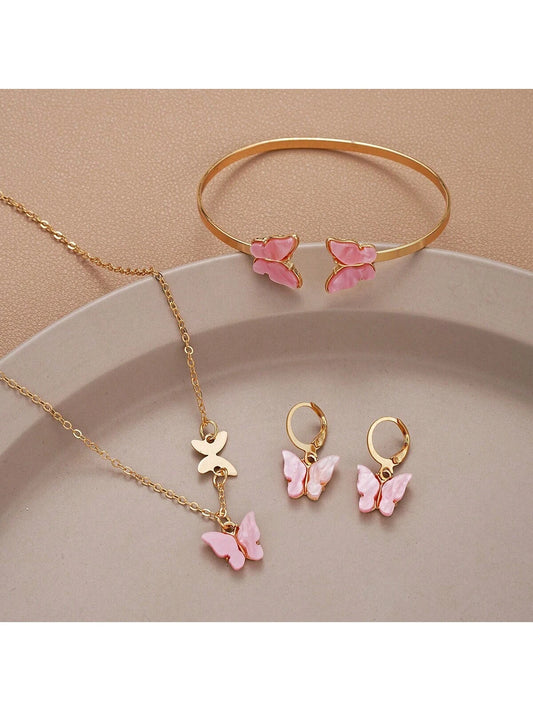 4 Piezas/set Juego De Pendientes, Pulsera Y Collar Con Forma De Mariposa Para Citas Y Regalos De Vacaciones Para Mujeres